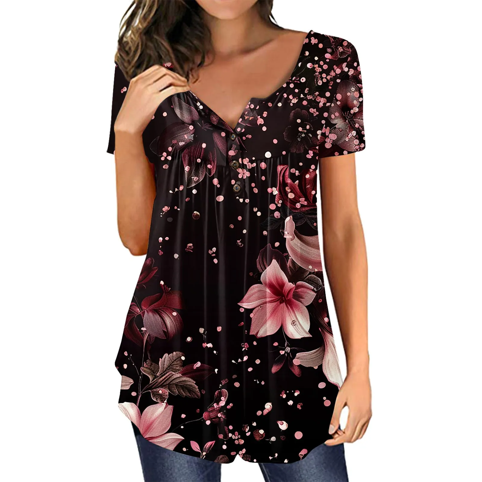 

Women's Fashion Casual Short -sleeved V -neck Flower Printed Button T -shirt Top Fashionable tops for women футболка женский
