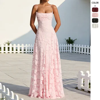 Elegant Jacquard Lace Spaghetti Straps Maxi Dress Backless Tie Square Neck Floor Length A Line Dress Evening Wedding Graduation