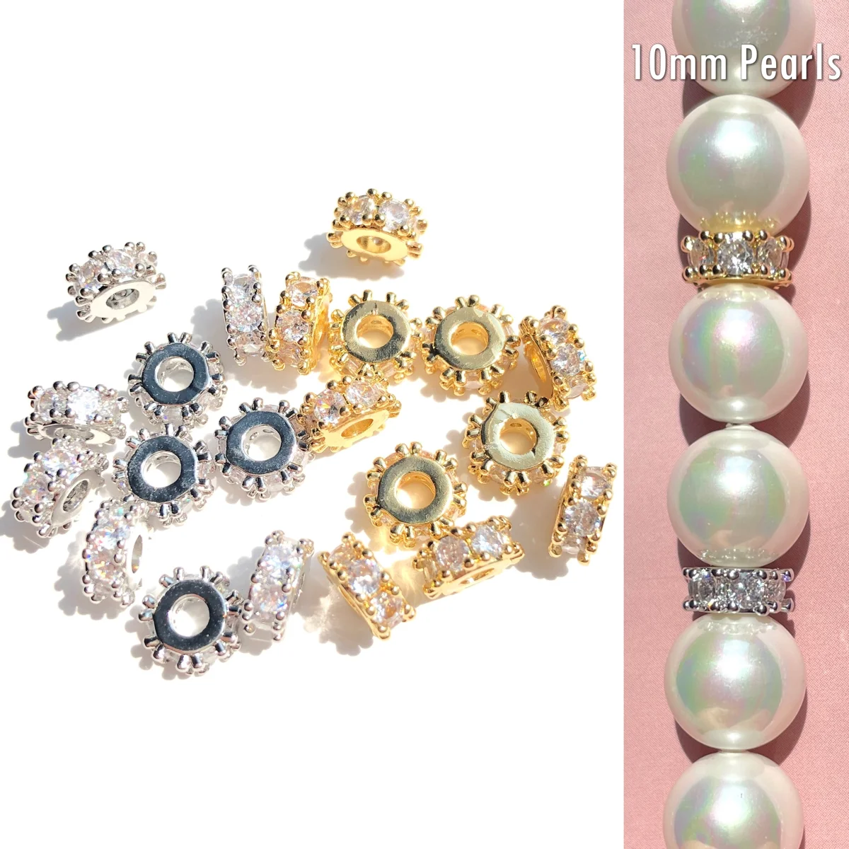 20pcs 7.6mm Zirconia Pave Wheel Spacers Rondelle Beads for Women Bracelet Necklaces Waist Jewelry Accessories Making Wholesale