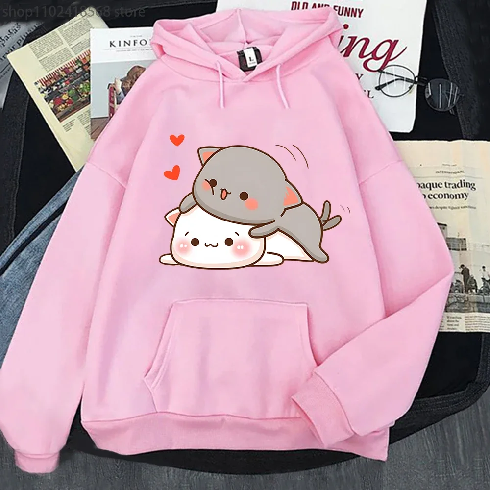 

Peach Cat Hoodies Cartoon Cute Kawaii Sweatshirt for Women Korean Tops Couples Ropa Casual Aesthetic Harajuku Men Clothing Girls