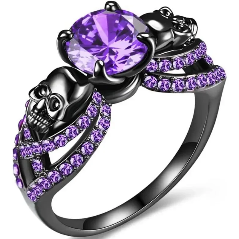 Gothic Black Ring Red Crystal Vampire Double Skull Rings  for Women Party Wedding Jewelry