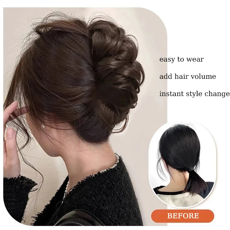 Synthetic Messy Hair Bun Extensions Wig Black Brown Claw Clip Bun Hairpiece Wavy Updo Hair for Women Daily Party Use Hair Clips