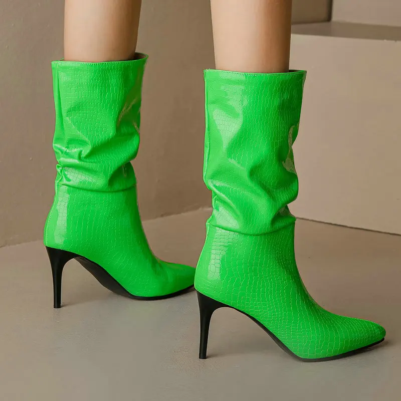 

Sexy Oversized 47 48 Bright Green Pointed Toe Pleated Design Womens Shoes Winter Autumn Thin High Heels Stiletto Mid-calf Boots