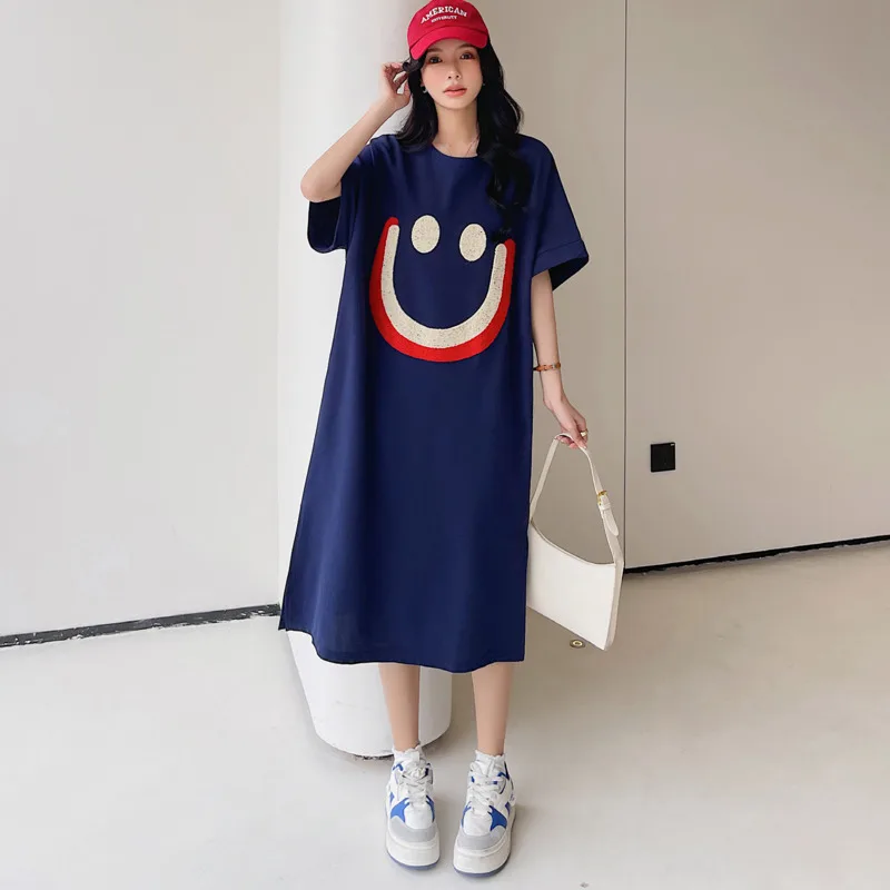 

#6152 Navy Blue Cartoon Print T Shirt Dress Women Cotton Short Sleeve Loose Summer Straight Tshirt Dress Women Midi Harajuku