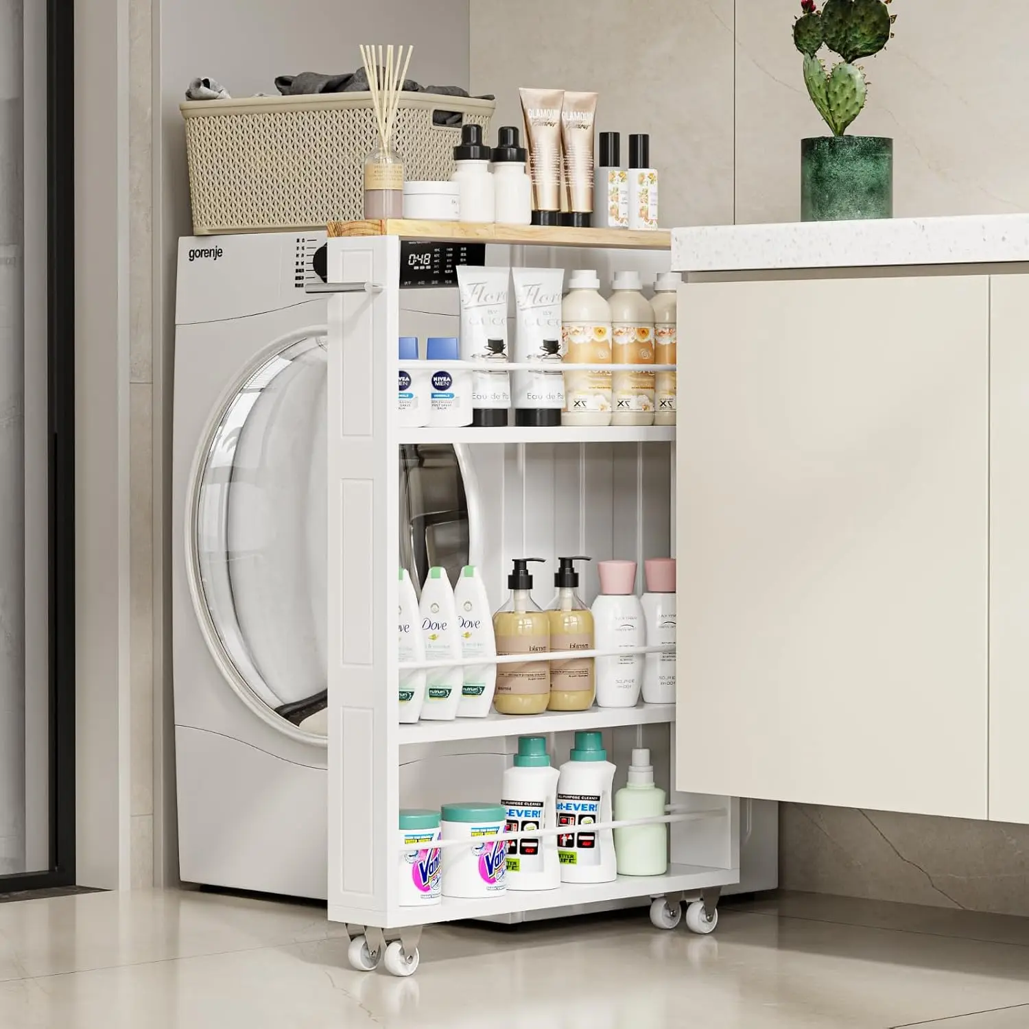 KLM 4 Tier White Slim Storage Cart with Handle, Slide Out Storage Rolling Utility Cart for Kitchen, Laundry, Narrow Places 3
