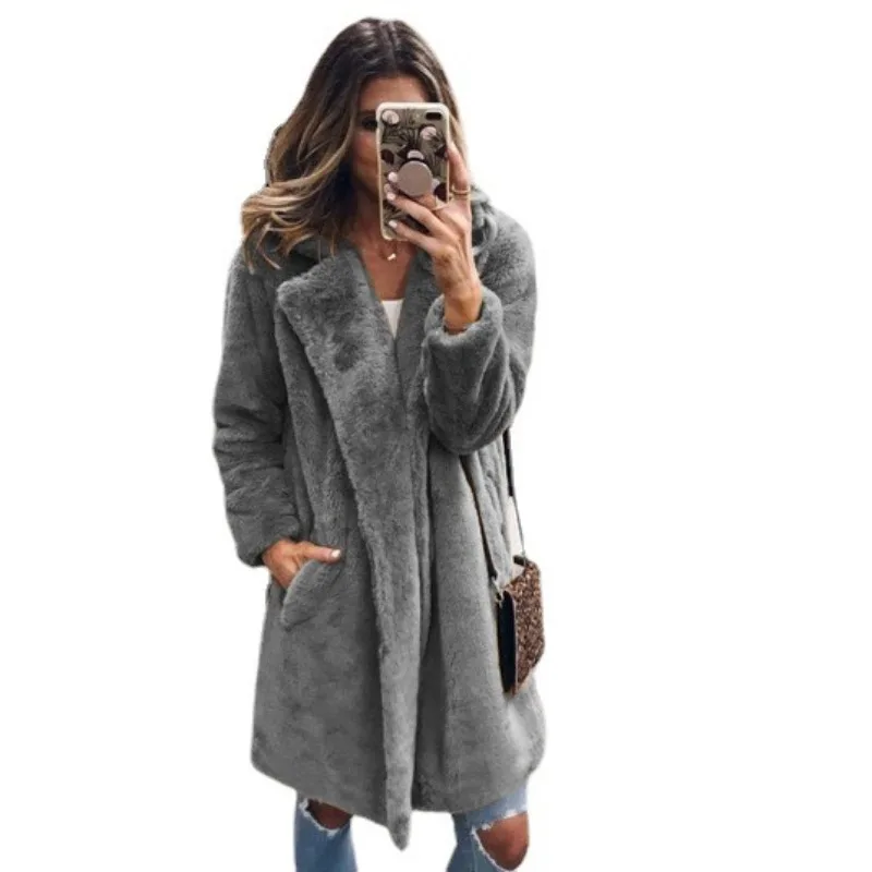 2023 New Women Imitation Fur Coat Mid-Length Suit Collar Slim-Fit Outcoat Fashion Solid Color Outwear Thicken Warm Casual Parkas