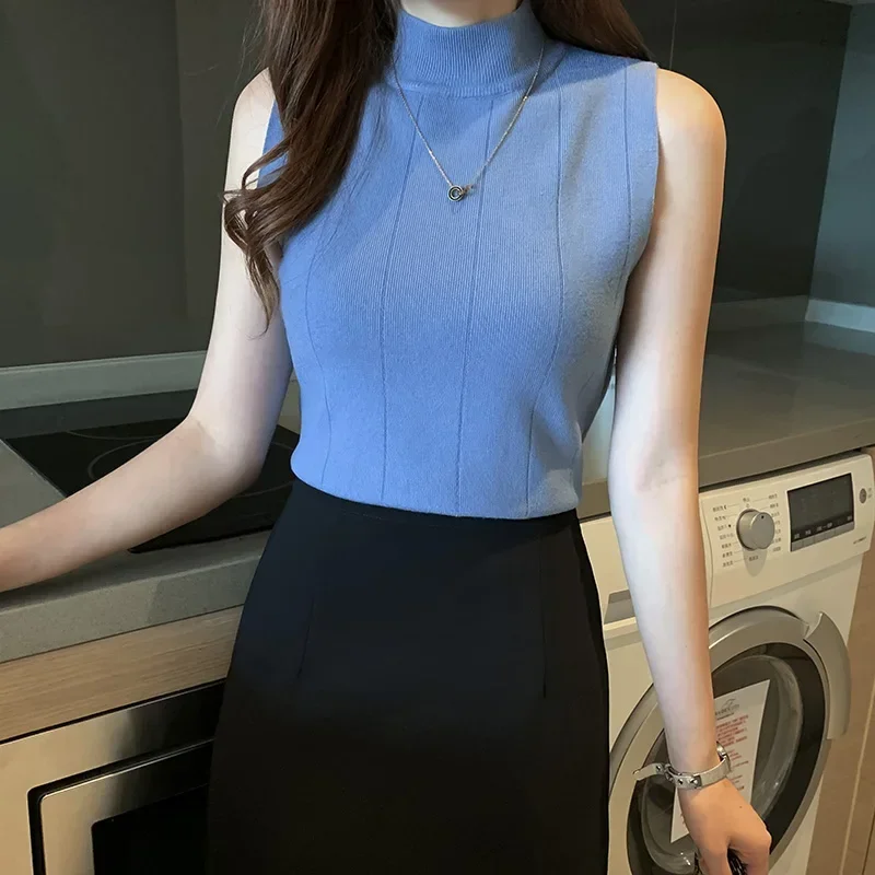 Blouse Women Blusas Mujer De Moda 2024 Verano Sleeveless Knitted Blouse Shirt Women Tops Turtleneck Blouse Women Blouses E405