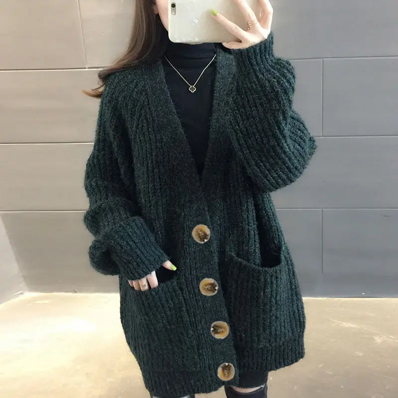 

Fashion Autumn Winter Women's Mid-length Knitted Cardigan Loose Sweater Coat Button Korean Big Pocket Cheap Wholesale 2022 New