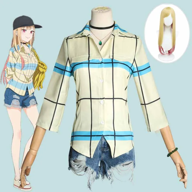 

Anime My Dress Up Darling Kitagawa Marin Cosplay Costume Women's Checked Shirt Shorts Set Uniform Wig Outfit Halloween Clothes