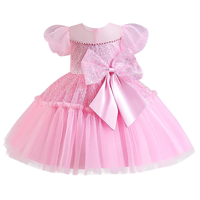 

Children's dress sequin wedding dress fluffy princess skirt bubble sleeve children's dance dress baby one year old dress dress