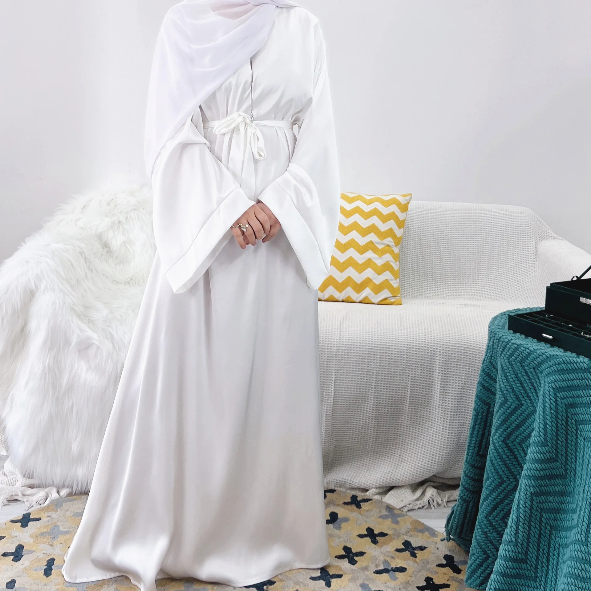 Ramadan Elegant Long Dresses Solid CoLor Casual Loose Belted Kaftan Dubai Abaya Turkey Morocco Arab Oman Muslim Women Clothing