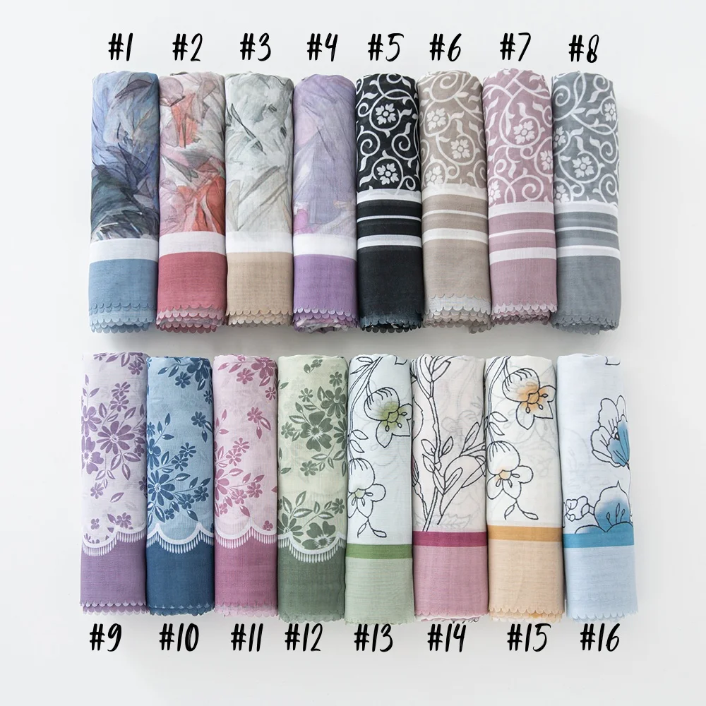 51Colors Malaysia Tudung Bawal Flower Print Hijab Laser Cut Edge Headscarf Premium Cotton Voile Soft Fashion Muslim Square Scarf 3