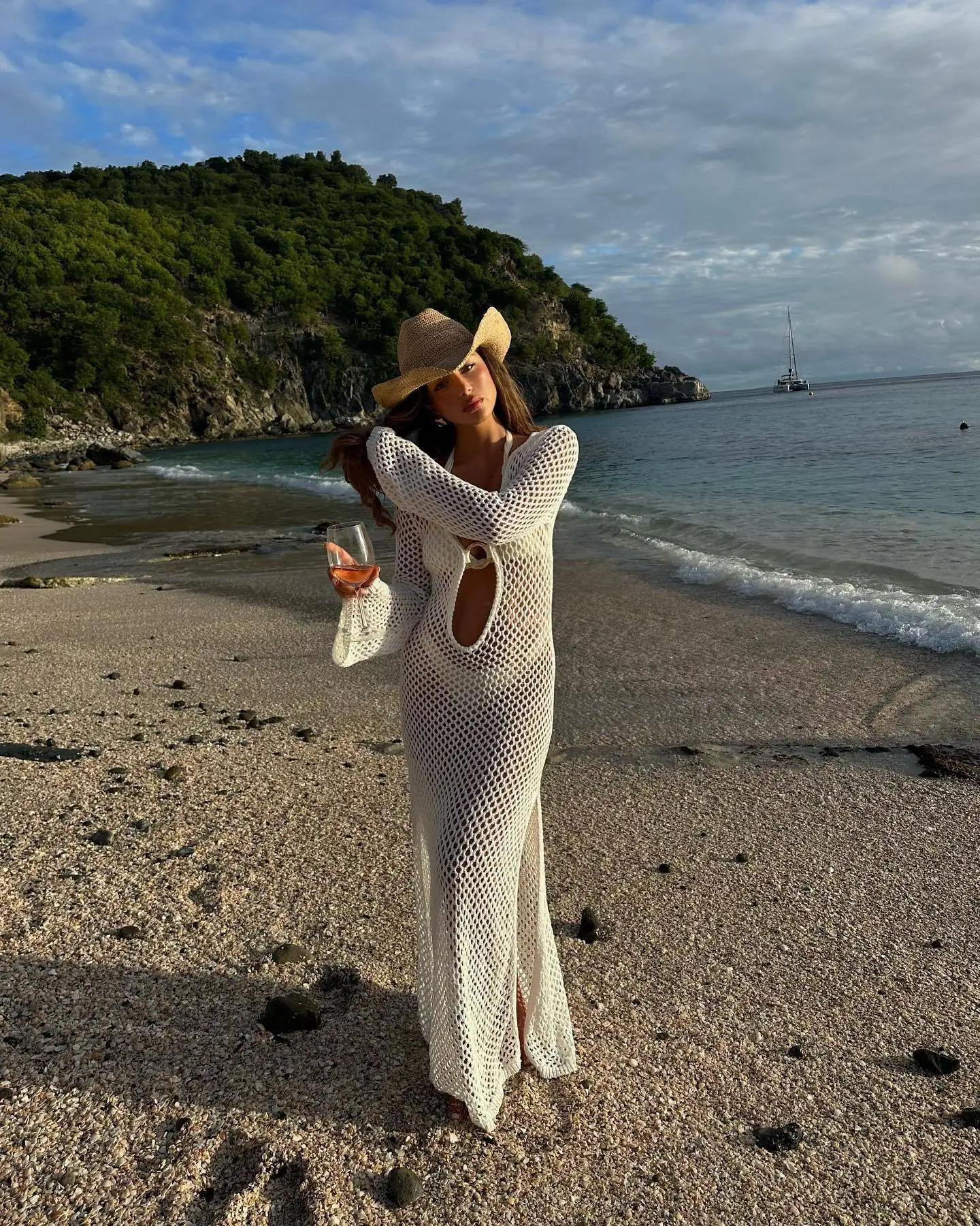 White Knitwear Hollow Out Maxi Dress Female Summer See-Through Loose High Waist Beach Holiday Dress Party Knit Dress 2025