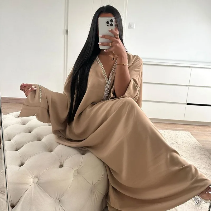 New Metal Diamond Fashion All-Match Dress Bat Sleeve Advanced Djellaba prom dress  robe elegante femme  vestidos largos