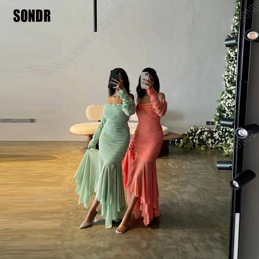 

SONDR Beach Saudi Arabic Woman Wear Long Chiffon Simple Hot Green Prom Dress Full Sleeves Formal Night Evening Dresses Gowns