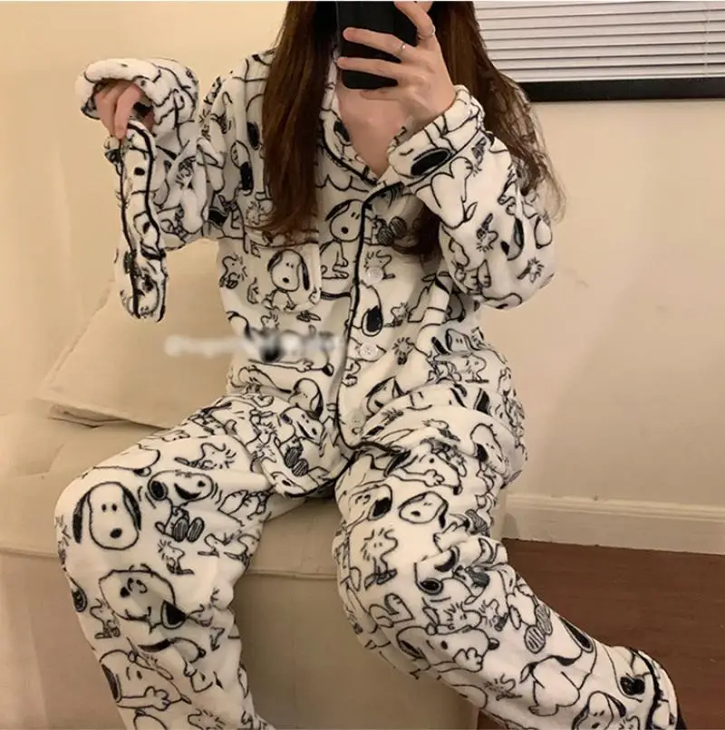 

Новинка Kawaii Snoopy пижамный комплект ретро Полный принт мультфильм аниме брюки с длинным рукавом пара пижам Осенняя хлопчатобумажная фотография в подарок