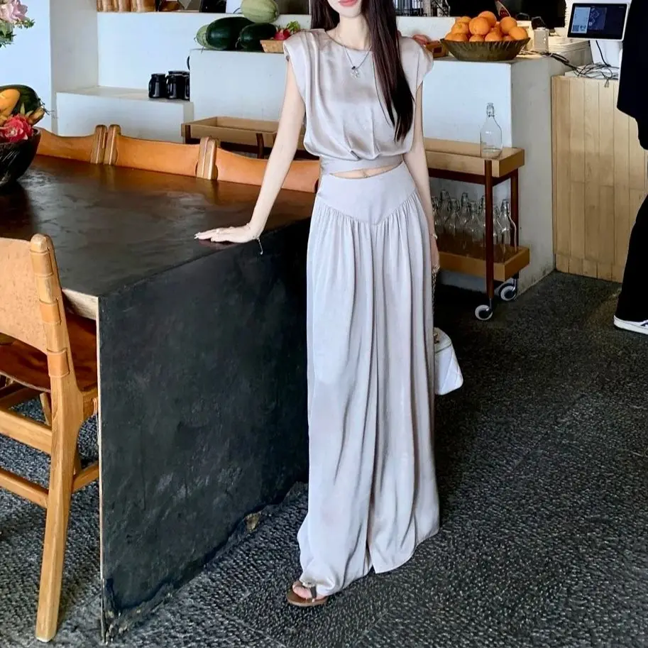 

Women's Pants Sets Vintage High Waist Pants and Short Sleeve Shirts and Blouses Y2k Korean Elegant Two Piece Suit 2000s Clothes