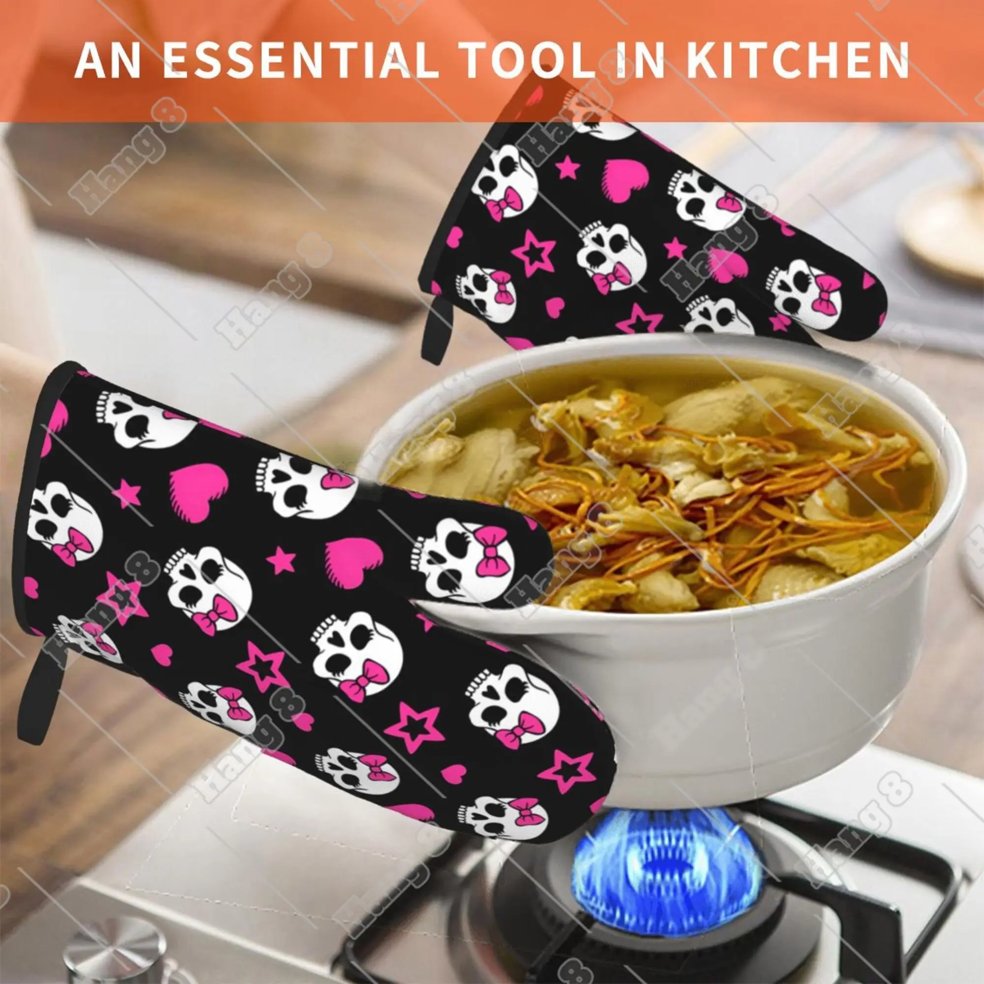 Sweet Skulls Cartoon Pink Oven Mitts Oven Gloves Heat Resistant for Barbecue Microwave Ovens Kitchen Women Men Halloween 2pc