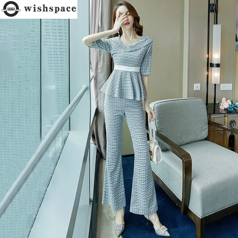 Plaid Patchwork Asymmetric Pullover Shirt Wide Leg Flared Pants Two-piece Elegant Women's Pants Set Casual Outfits Clothes