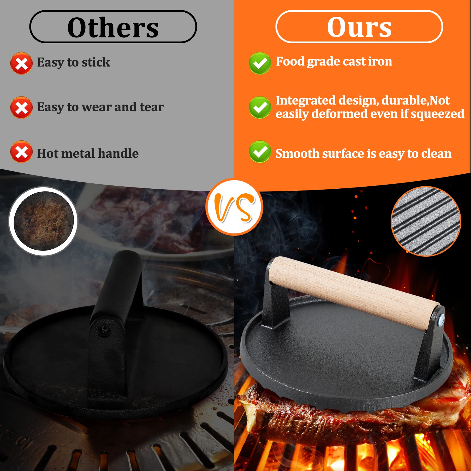 2/1pc Hamburger Meat Press Maker Cast Iron Non-Stick Burger Patty Press Kitchen Gadget BBQ Beef Grill Pie Mould Meat