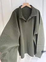 Miyake Pleated Long Sleeved Plus Size Women's Casual Style Polo Collar Loose Top - Image 6