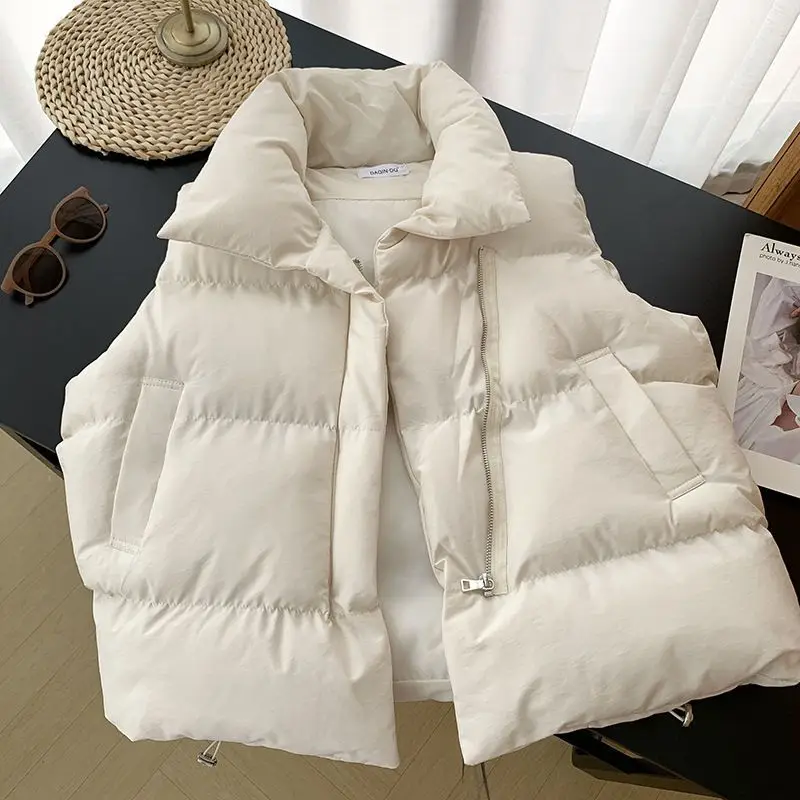 Zipper Down Cotton Vest Women Autumn Winter Short Loose Casual Waistcoat Women Clothing Sleeveless Jacket Top Solid Vintage New 2