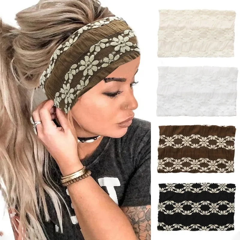 

Cross Border Lace Lace Headband Hollowed-out Lace Headband Elastic Sweat Absorption Print Headband