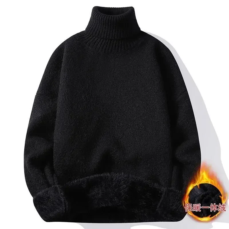 One Body Mink Fleece for Men Plus Fleece Thick Knit Turtleneck Line for Autumn and Winter Warm Loose Base Shirt Harajuku Sweater 3