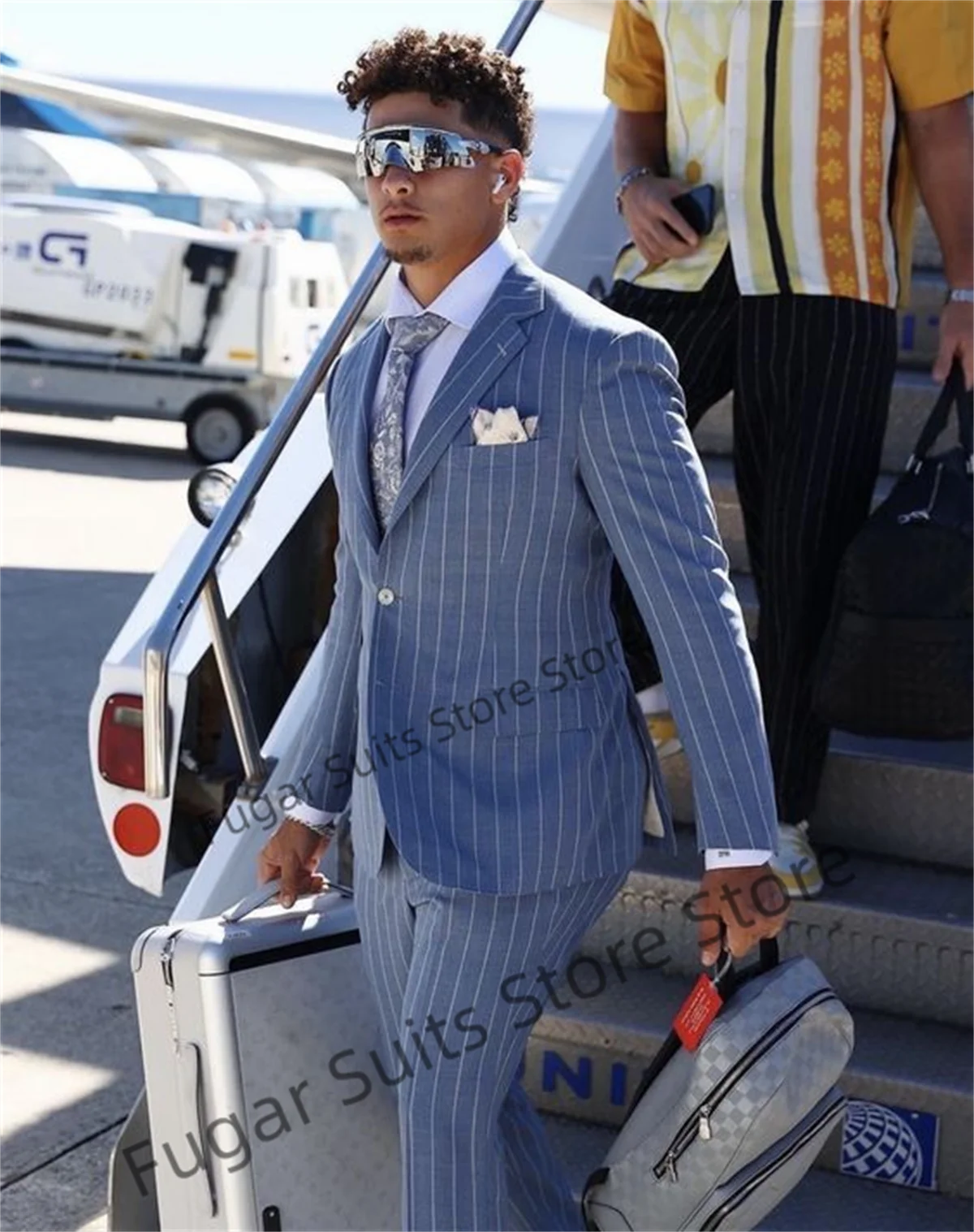 Business Sky Blue Stripe Suits For Men Slim Fit Formal Wedding Groom Tuxedos Prom 2 Pieces Sets Formal Male Blazer Costume Homme