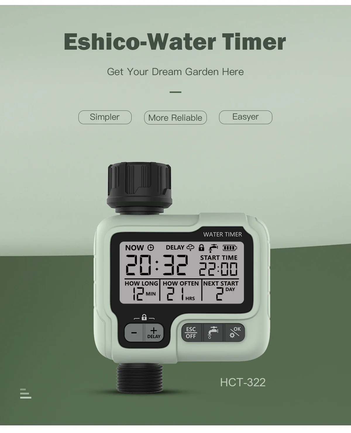Eshico HCT-322 Automatic Water Timer Garden Digital Irrigation Machine Intelligent Sprinkler Used Outdoor to Save Water&Time