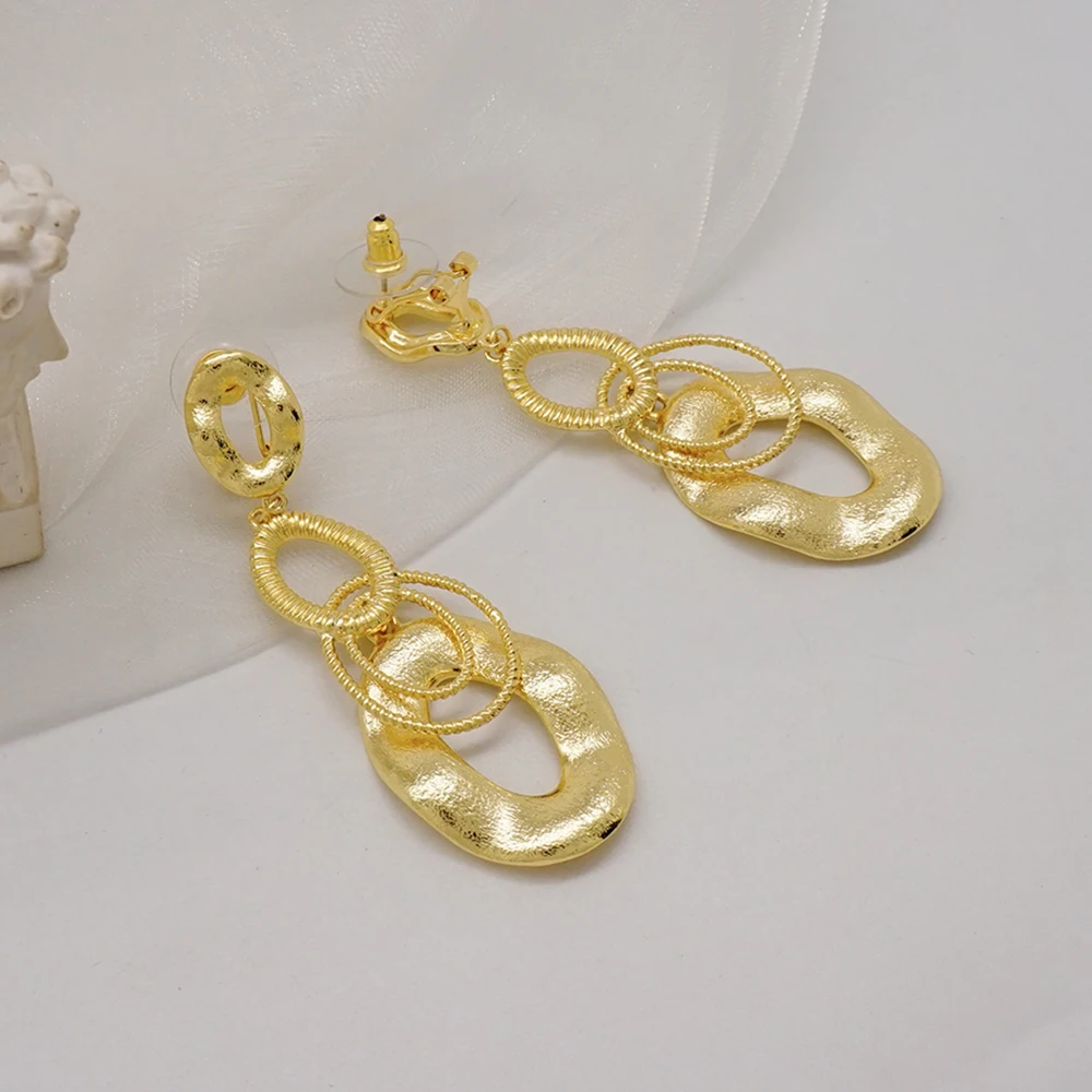 Fashion Dubai Plated Gold Color Big Geometric 3 Circle Earings Long Round Dangle Earrings For Women Party Gift Wedding Jewelry