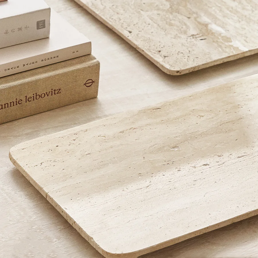 

30x20x1CM Vintage Beige Travertine Natural Marble Stone Tray Rectangle Household Storage Flat Accessories