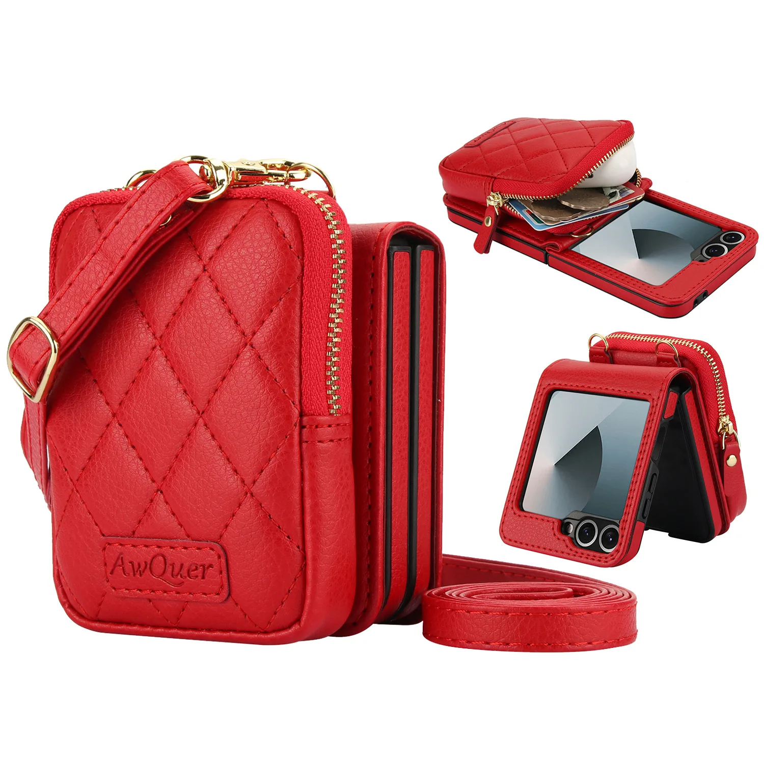 Luxury Crossbody Lychee Leather Wallet Case with Long Lanyard Protective Cover