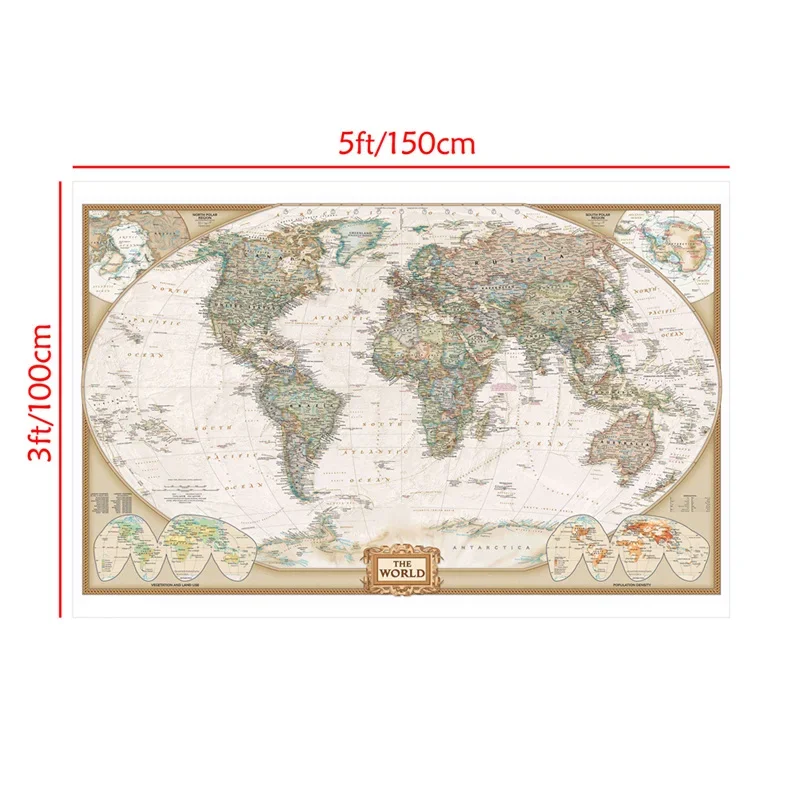 150x100cm Vintage World Map Non-woven Painting Retro Decorative Hanging Picture Wall Art Poster School Supplies Home Decor