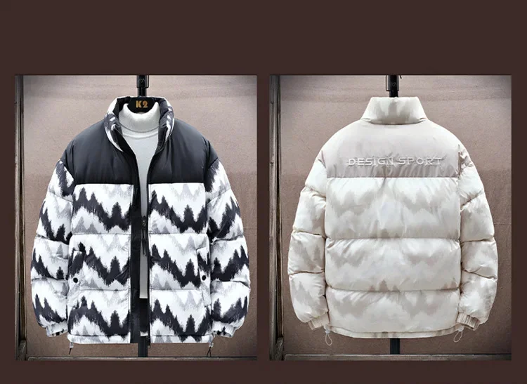 Description Picture 3 of itemPlush Jacket Men Winter Patchwork Stand-up Collar Printing Coat Cotton-Padded Unisex Thick Warm Vintage Fashion Parkas