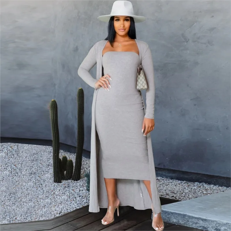 Women'S Two Piece Set Casual Outfits Strapless Bodycon Elegant Midi Dress Sets Long sleeve Cardigan Suit Slim Casual Party Retro