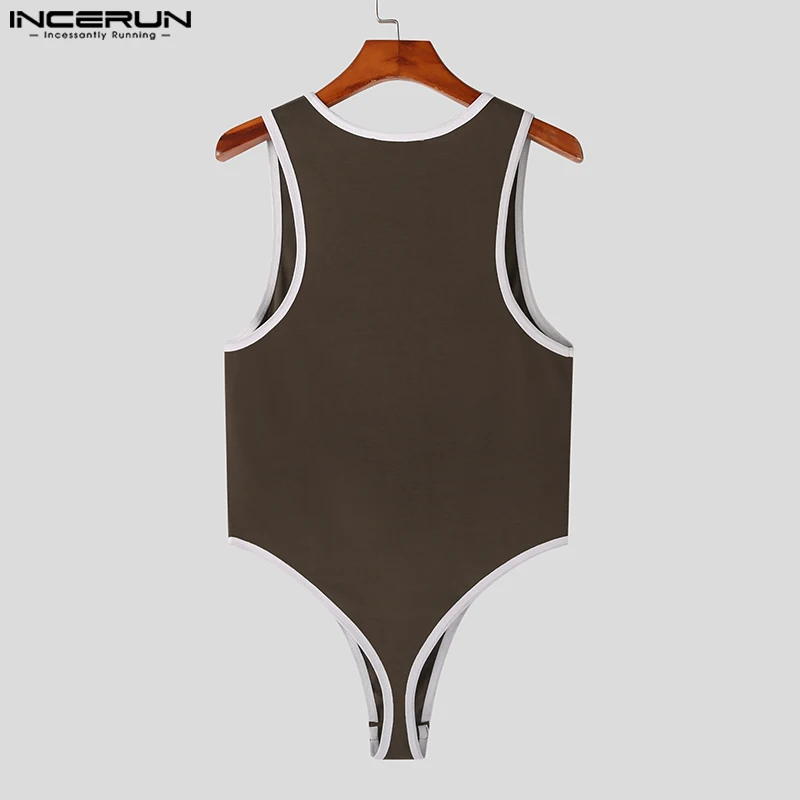 INCERUN Men Bodysuits Patchwork Skinny Sexy Round Neck Sleeveless Men Rompers Tank Tops 2023 Pajamas Summer Male Bodysuit S-5XL
