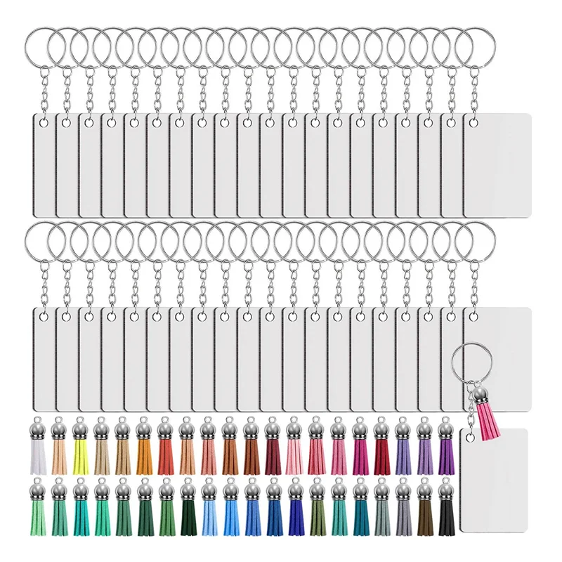

50 Sets Heat Transfer Blanks Tassels with Key Rings MDF Blank Board Sublimation Blanks Double-Side Printed,A