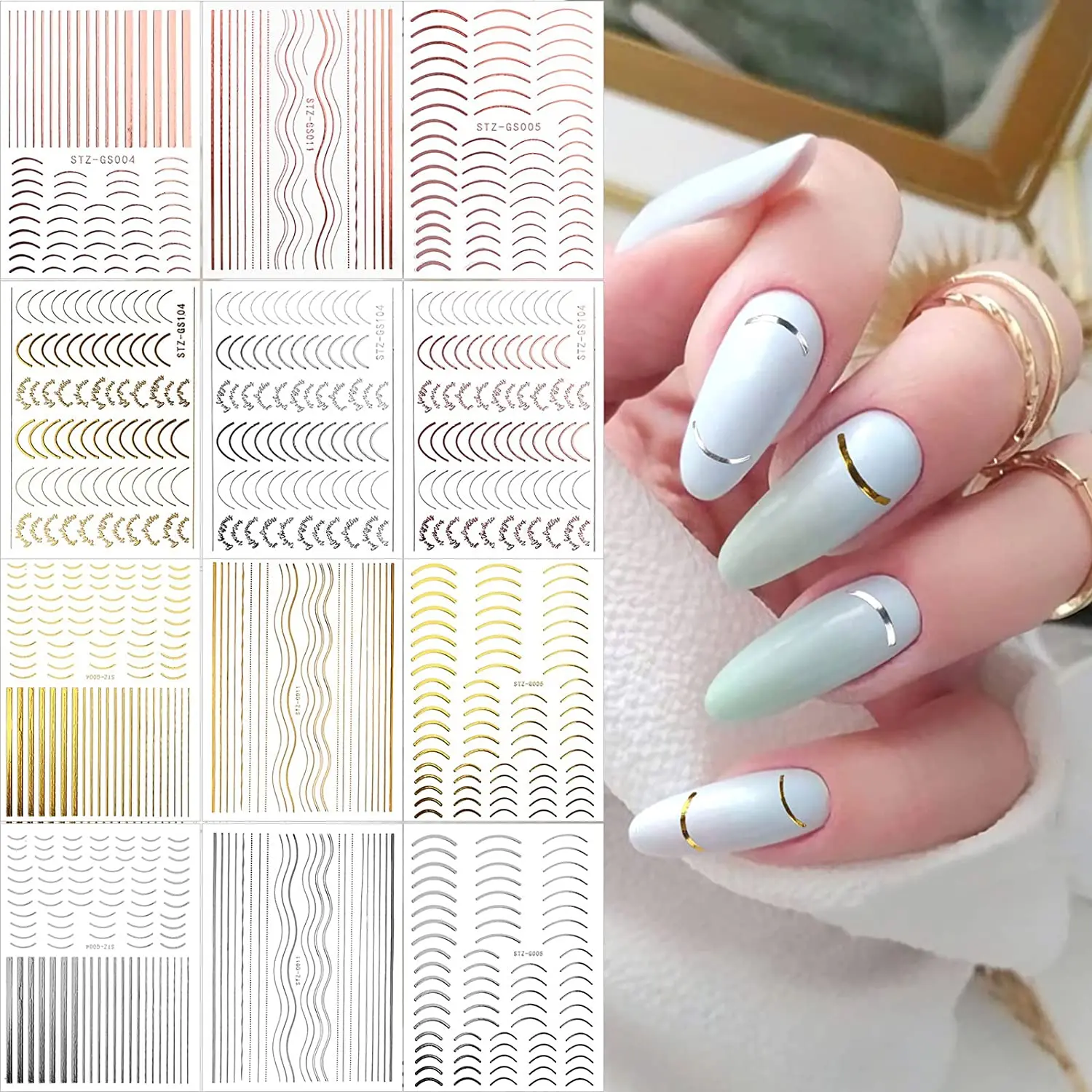 

JOEEE 12 Sheets Gold Silver Nail StickersMetallic Curve Strip Line Nail Decal Self-Adhesive 3D Wave Design DIY Decoration