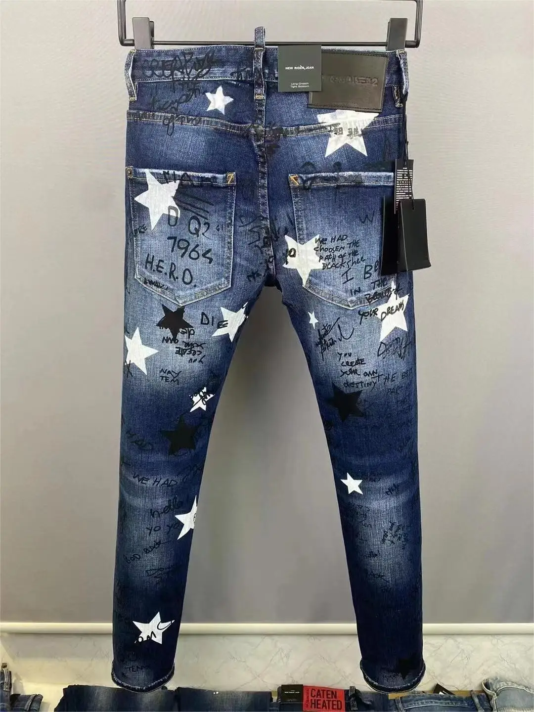 2023 Fashion brand men's wash worn torn paint motorcycle jeans 9851 -