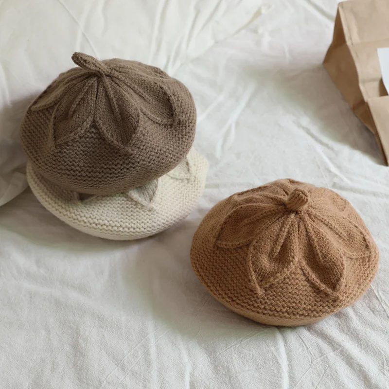 Solid Color Children Baby Beret Hat Winter Warm Knitted Beanie Cap for Infant Girls Toddler Princess Artist Painter Caps 2