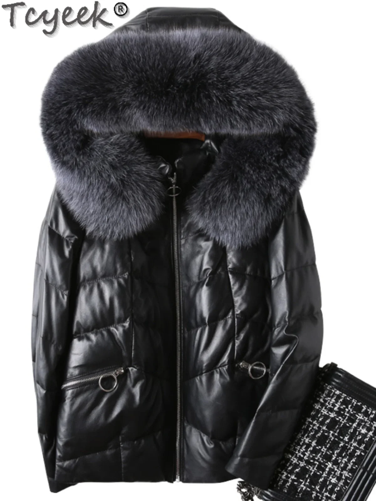 Tcyeek Genuine Leather Down Jacket Female Clothing Warm Fox Fur Collar 2023 Winter Jackets for Women Hooded Sheepskin Down Coat