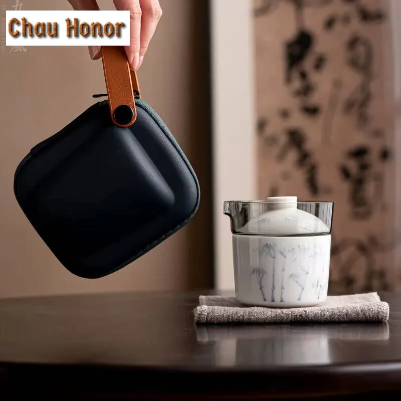 Handdrawn Bamboo Porcelain Tea Set Kit Japanese Tea Tools Set 1 Pot 2 Cups Tea Maker Camping Travel Tea Set Stock Bags Cha Gift