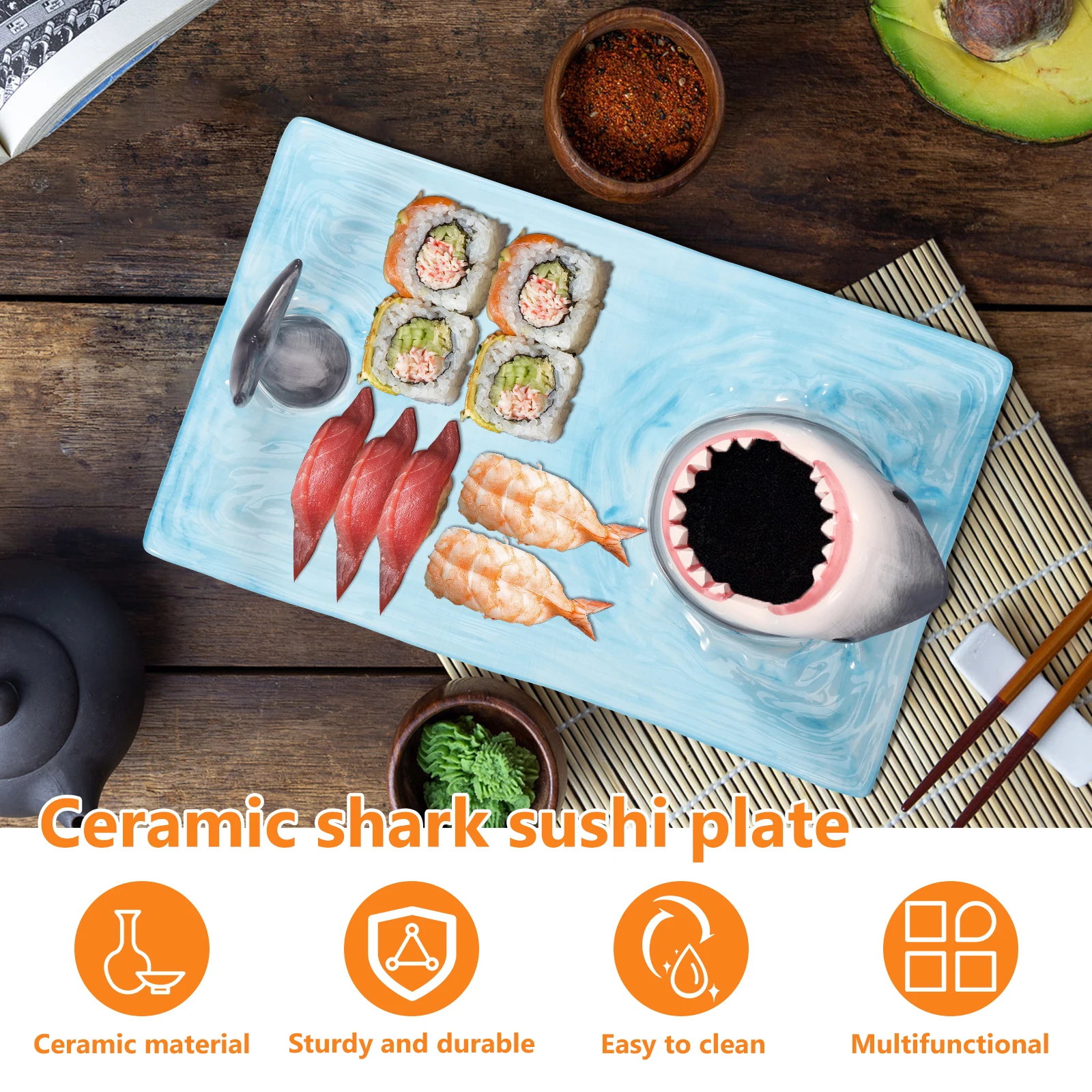 Sushi Serving Plate Ceramic Shark Shape Porcelain Platter with Soy Sauce Holder