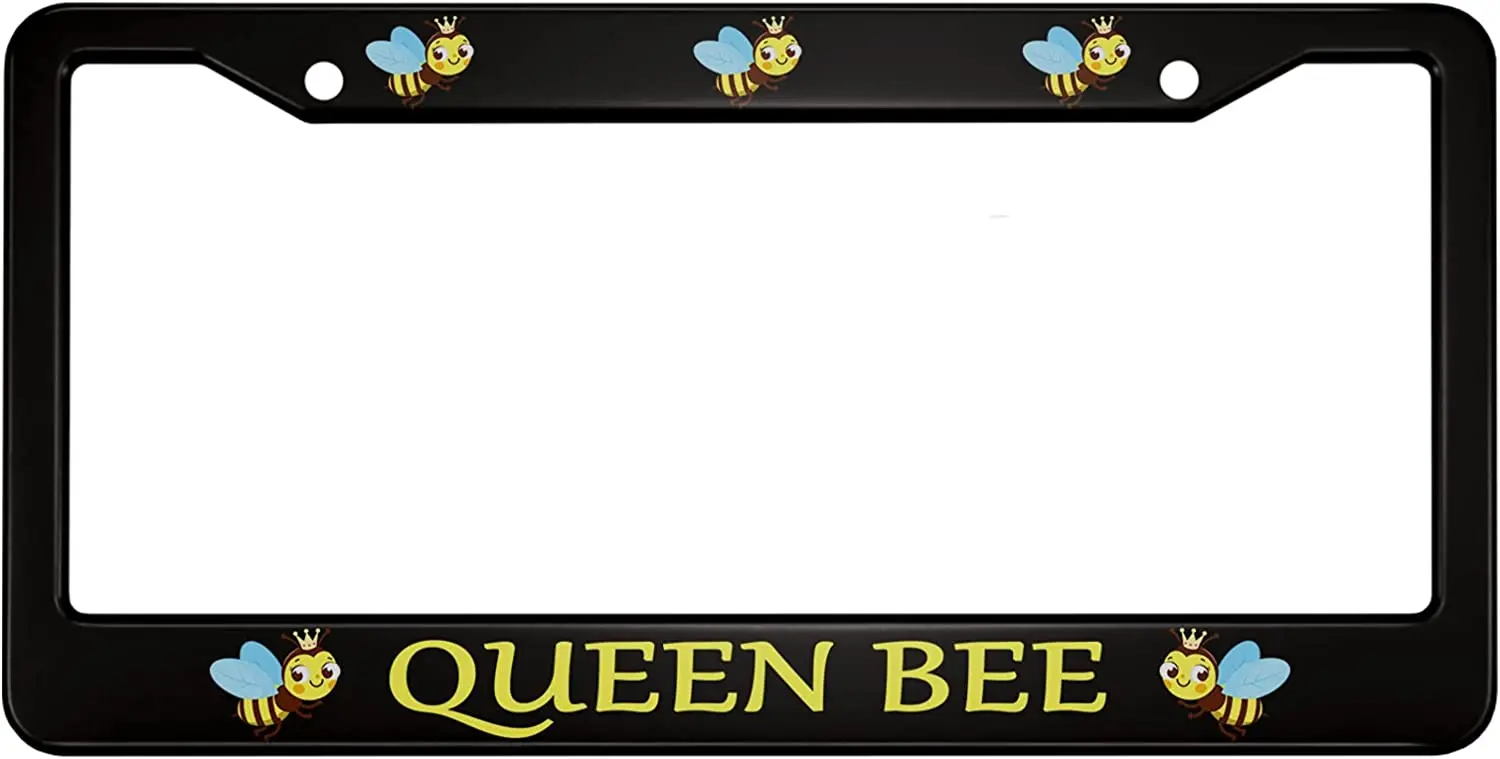 

Queen Bee Aluminum Alloy License Plate Frame Cute Yellow Bees Blue Wings with Crown Smile Applicable To US Vehicles Standard