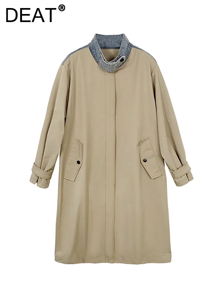 

DEAT Women's Trench Coat Patchwork Denim Stand-up Collar Long Sleeve single breasted Loose Khaki Outwear 2024 Spring New Fashion