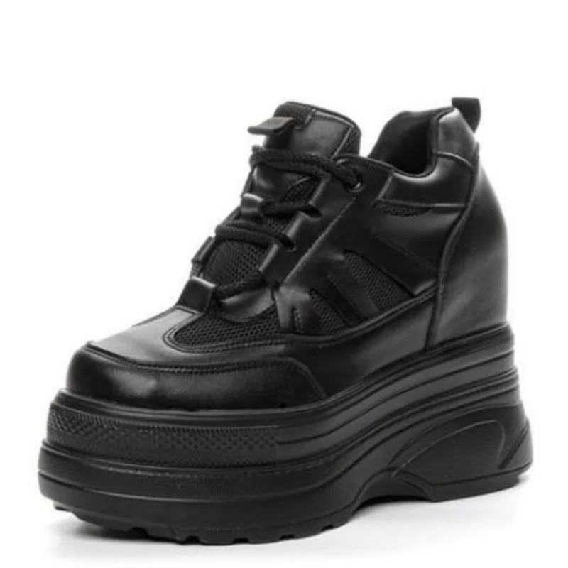 

11cm Air Mesh Genuine Leather Summer Hollow Chunky Sneaker Breathable Slides Platform Wedge Microfiber Women Sandals Shoes