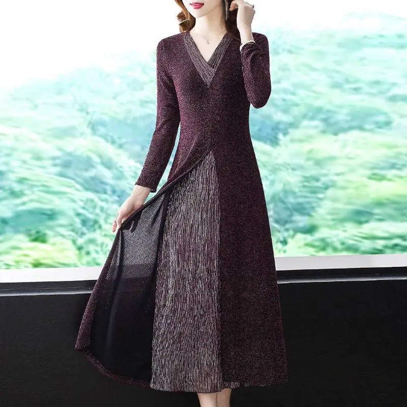 

Temperament Fake Two Piece Split Hem Midi Dress Autumn V Neck Long Sleeve Slim Contrast Dresses Fashion Elegant Women Clothes
