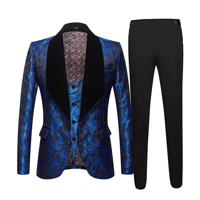 Luxury Printing Men Suit Black Patchwork One Button Wedding Party Banquet Jacket Set Singer Male 3 Piece Set (Blazer+Pants+Vest)
