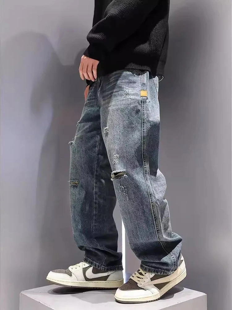 Men's Baggy Ripped Jeans Fashion Hip Hop Hole Streetwear Distressed Washed Trousers Straight Loose American Denim Pants For ripped jeans ripped patchwork jeans